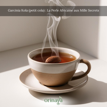 Tasse de thé fumant sur une soucoupe, avec un biscuit à côté.