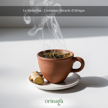 Tasse en terre cuite fumante avec une soucoupe et un morceau de gingembre à côté.