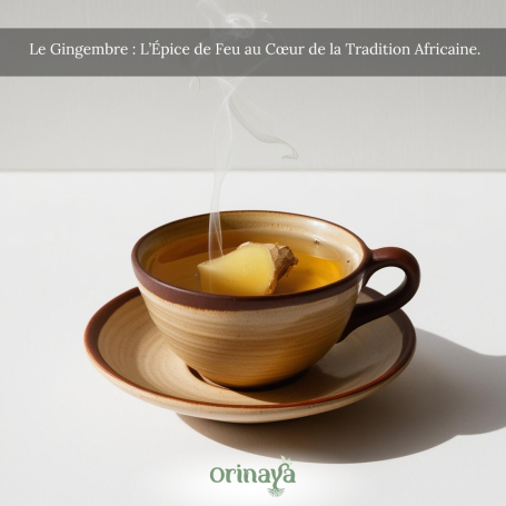 Tasse de thé traditionnel africain avec une tranche de gingembre et de la vapeur se dégageant.