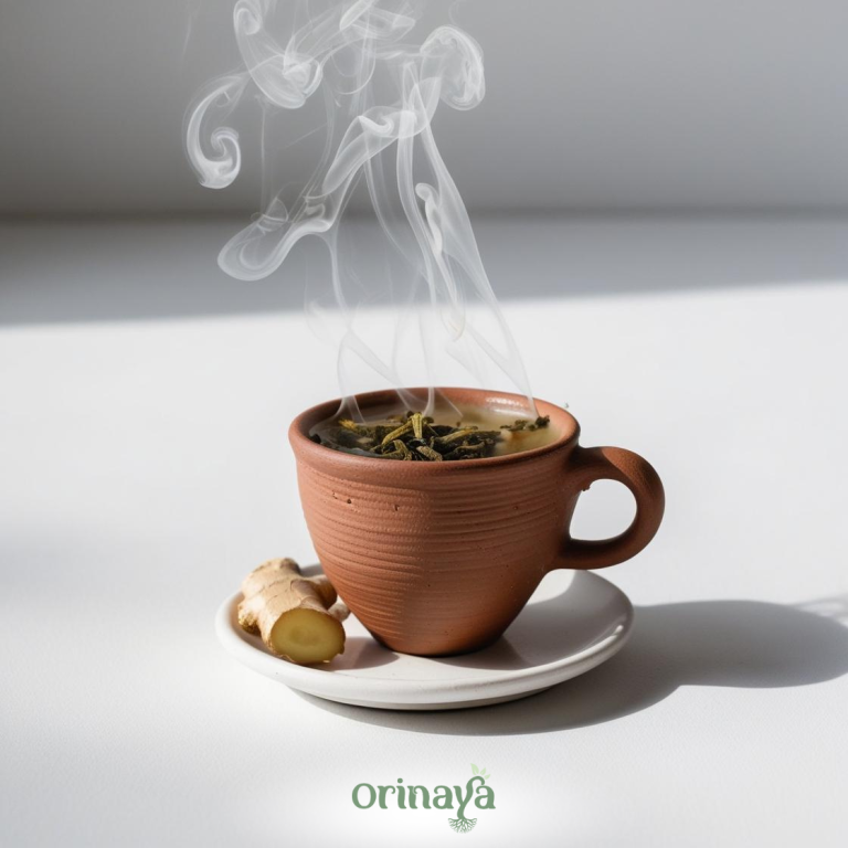 Tasse en terre cuite fumante, accompagnée d'un morceau de gingembre sur une soucoupe.